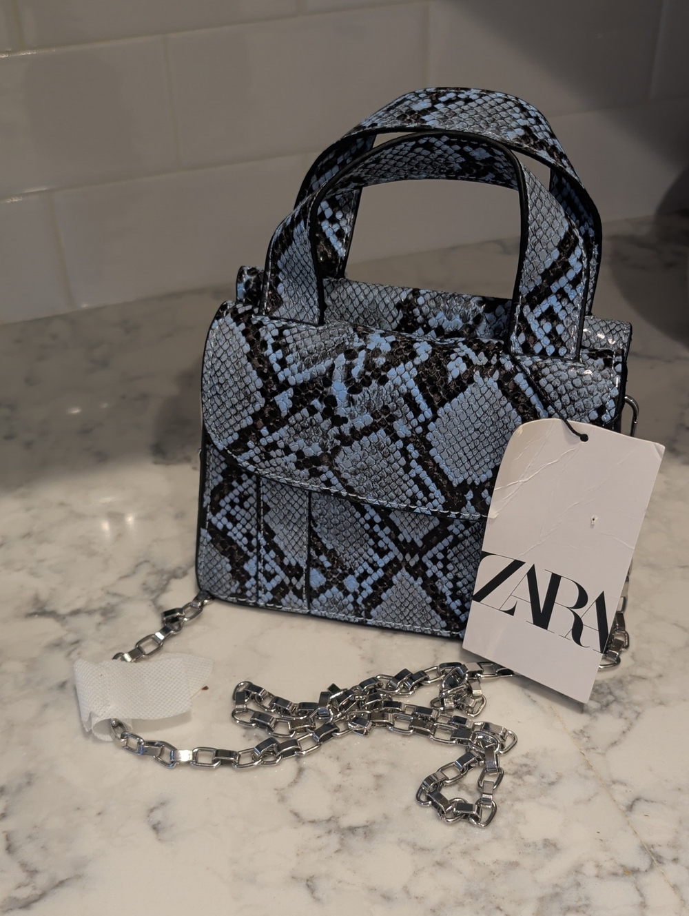 Nwt  ZARA Faux Blue Snake-Print Mini Top-Handle Bag